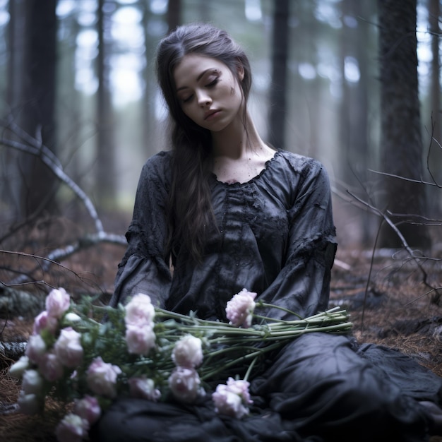 a woman sitting in the woods holding a bunch of flowers