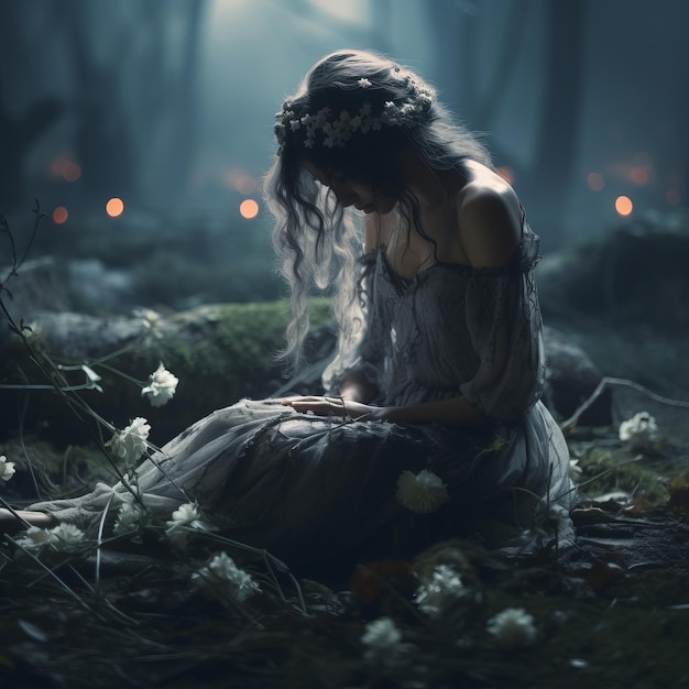 a woman sitting in the woods at night with flowers in her hair
