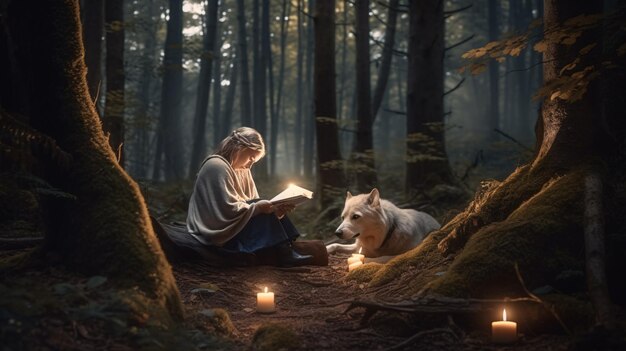 Женщина сидит в лесу и читает книгу