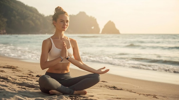 Женщина сидит в позе йоги на пляже