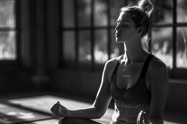 A woman sitting in a yoga position in front of a window