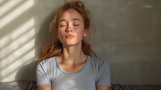 Женщина сидит в позе йоги с закрытыми глазами