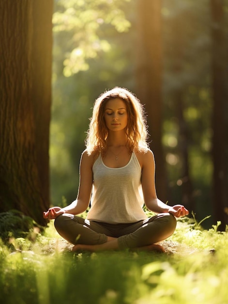 a woman sitting in a yoga position in the woods