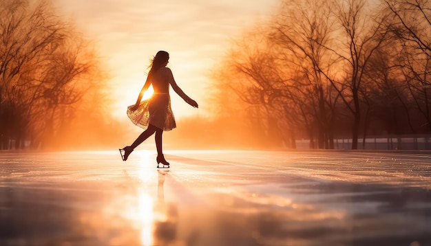 woman skating on the lake in the sunset light