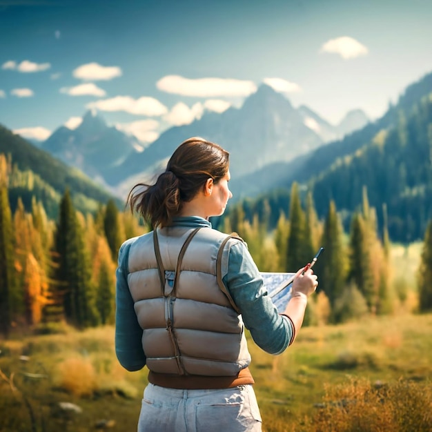 Woman sketching scenic mountain forest landscape AI_Generated