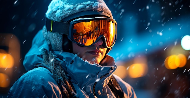 A woman at a ski resort against the backdrop of mountains and the night sky Winter sports AI generated image