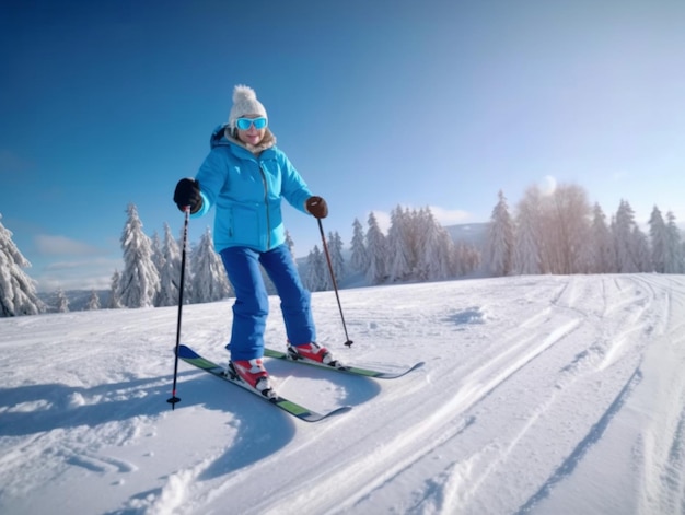 青いジャケットと青いズボンを着て雪の丘でスキーをする女性。