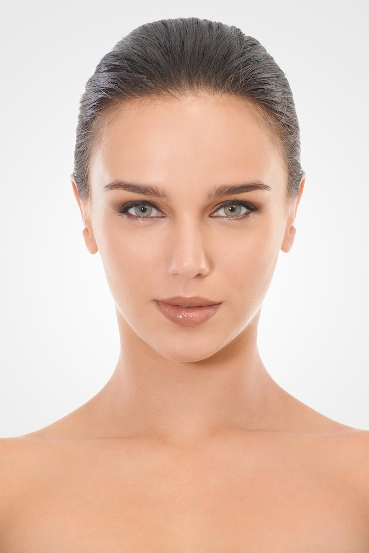 Photo woman skincare and face in studio for beauty with natural look cosmetics and dermatology for wellness girl portrait and clean for self care mockup and white background with serious model