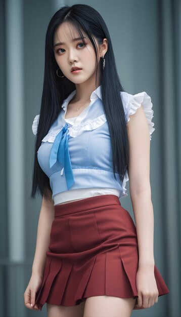 Photo a woman in a skirt and a shirt with a blue ribbon on it