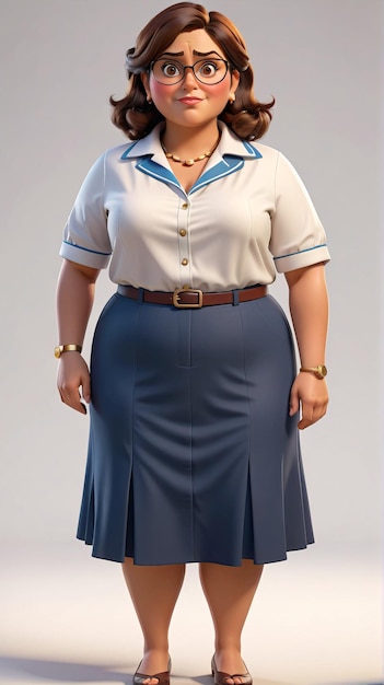 a woman in a skirt and shirt with glasses on