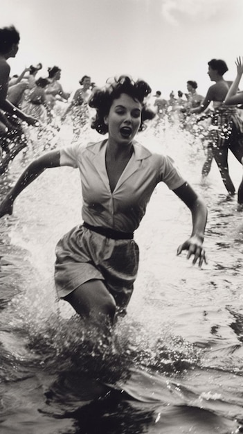 A woman in a skirt and skirt runs through a water slide.