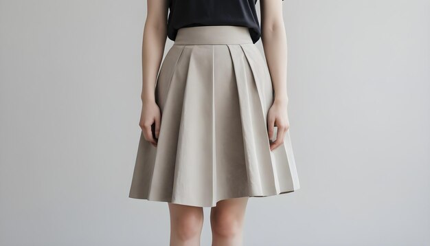 a woman in a skirt stands in front of a white wall