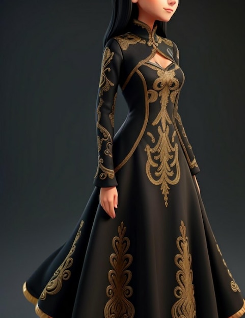 Женщина в гладком черном платье с замысловатой вышивкой и золотыми акцентами.