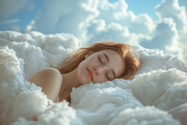 Photo woman sleep among fluffy white clouds