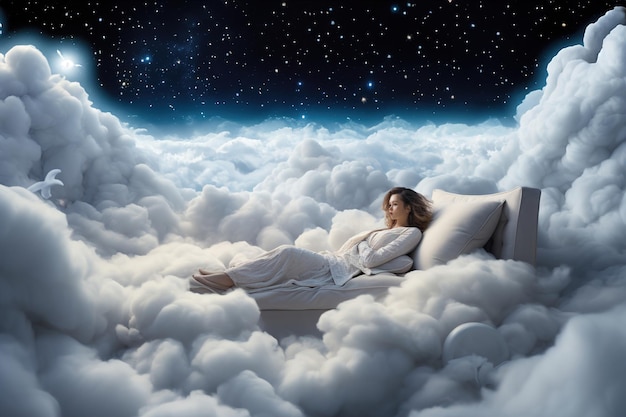 Woman sleep floating on a bed in a dreamy cloudfilled sky