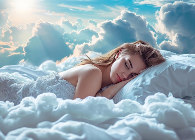 雲の中のベッドで眠っている女性
