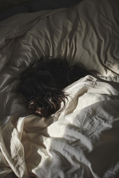 a woman sleeping on a bed with a white comforter