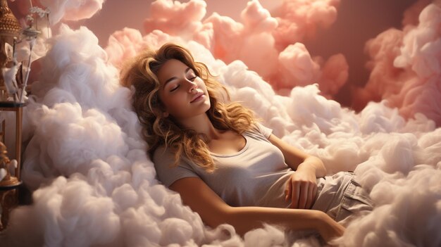 Foto donna che dorme tra le nuvole
