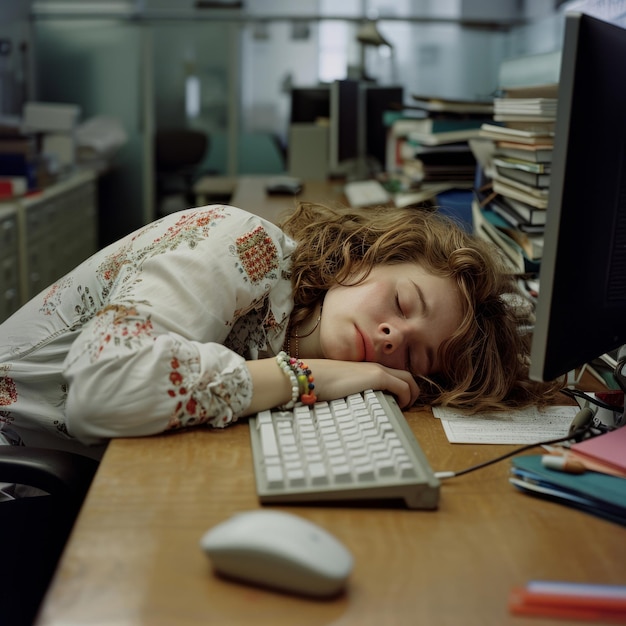 Photo woman sleeping on desk next to keyboard office fatigue and overwork