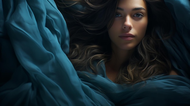 寝ている女性ベッドに横たわり毛布で覆われながら目を閉じている美しい若い女性の高角度のビュー