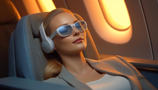 A woman sleeping on a plane with sunglasses on