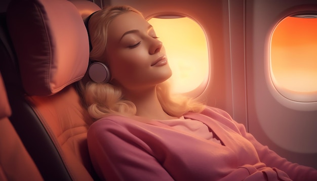 A woman sleeping on a plane