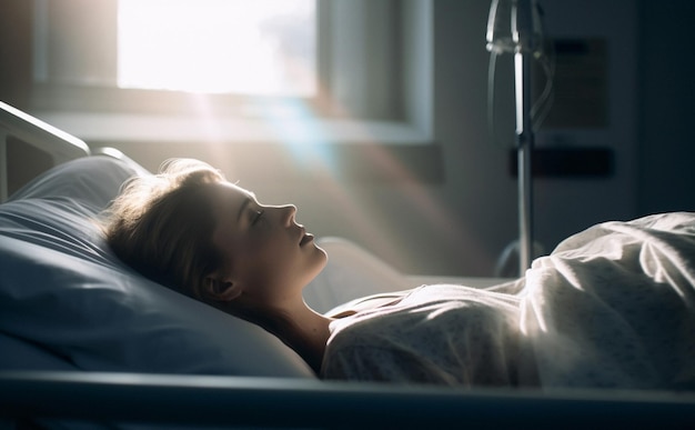 Woman sleeping and rest in hospital bed for medical treatment surgery and icu operation exhausted