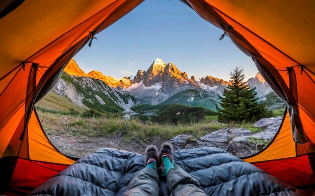 Woman sleeping in a tent with mountain view