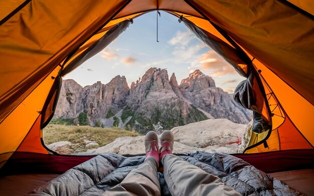 Woman sleeping in a tent with mountain view