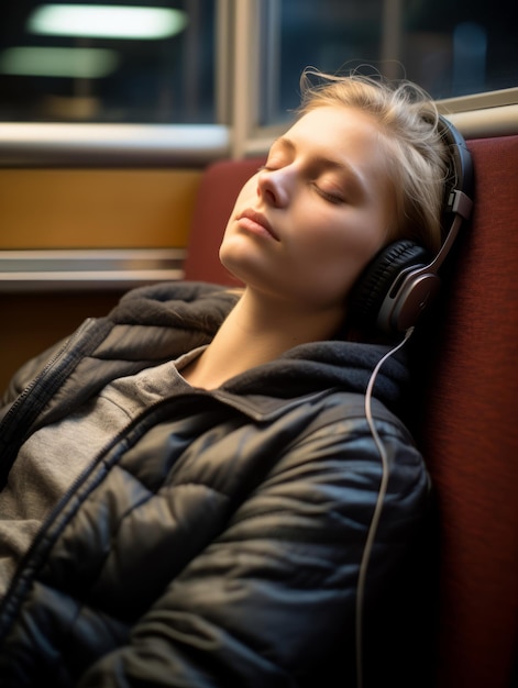 a woman sleeping on a train with headphones on