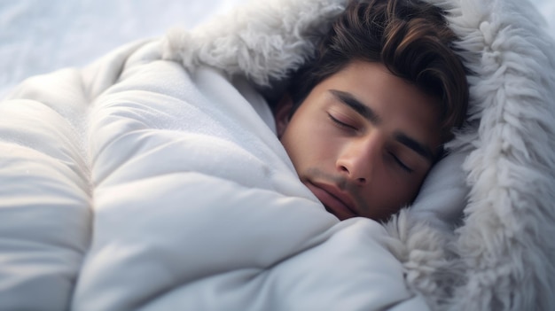 A Woman Sleeping in a White Blanket on Top of a Bed