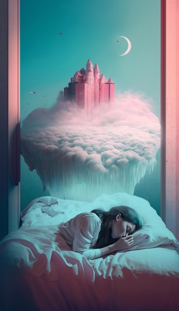 Photo a woman sleeps in bed with a castle in the background.