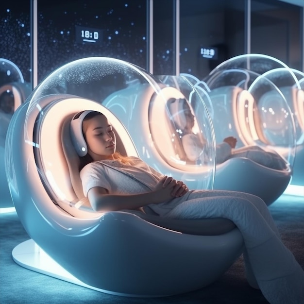 A woman sleeps in a bubble seat in a space station.