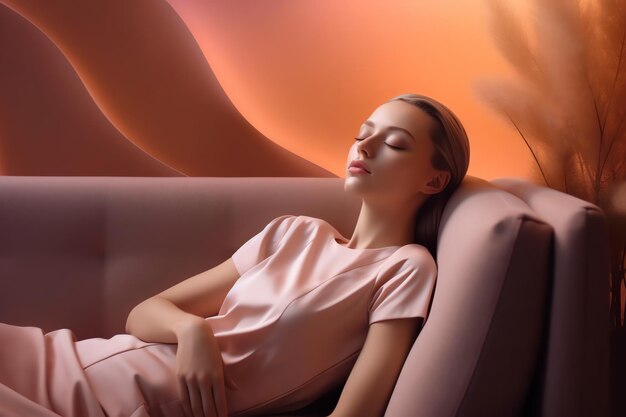 A woman sleeps on a couch with a pink background