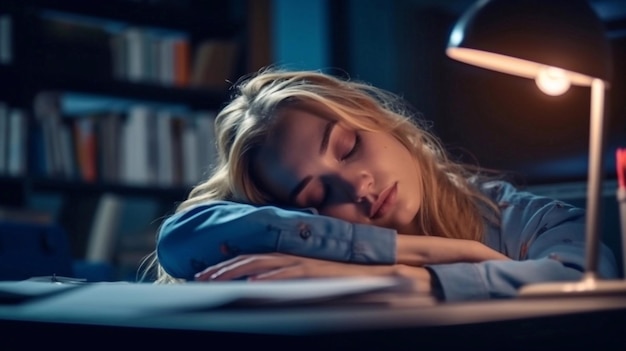 A woman sleeps at a desk in a dark room after studying