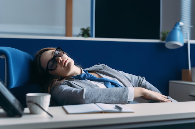 한 여성이 무릎에 커피 한 잔을 올려놓고 책상에서 잔다.