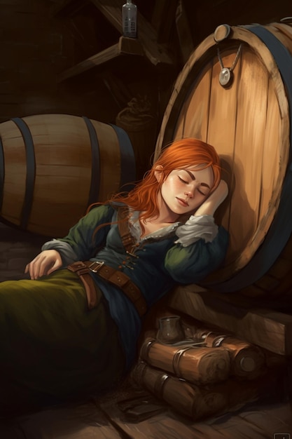 A woman sleeps in front of a barrel with a book on it.