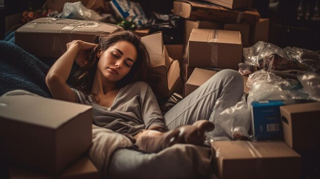 A woman sleeps in a pile of boxes