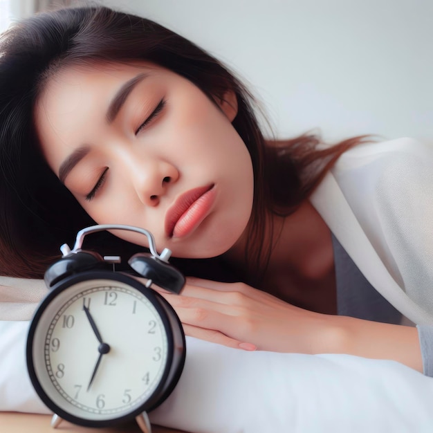 woman sleepy lazy to wakeup with clock ai generative