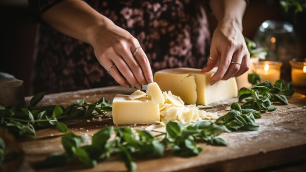 女性がチーズプレートに様々なチーズを切る