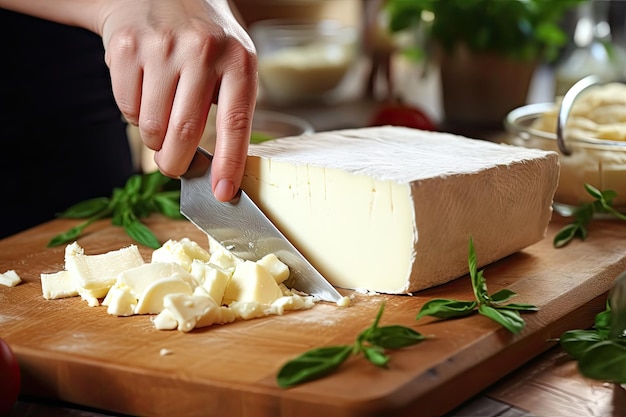 Woman slicing fresh cheese in closeup