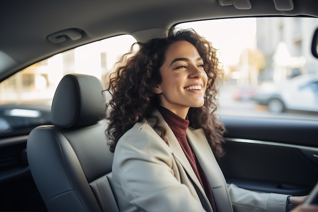 Женщина улыбка водитель авто образ жизни афро транспорт черный автомобиль счастливая красивая белая поездка