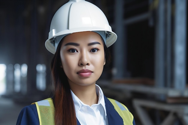 Woman smile helmet industrial job employee business engineer portrait asian industry Generative AI