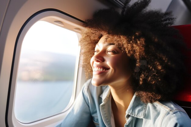 Photo woman smile near the window of airplane