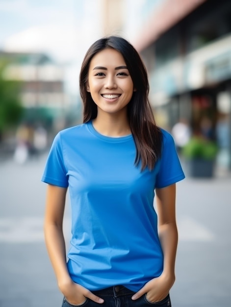 A woman smile wearing high quality blue tshirt for a mock up design