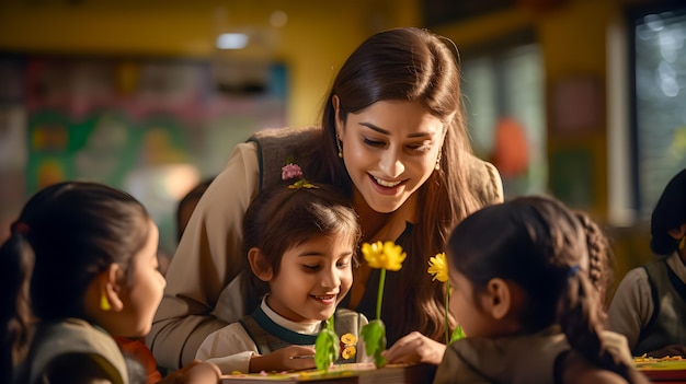 a woman smiles as her children look at a woman holding flowers.