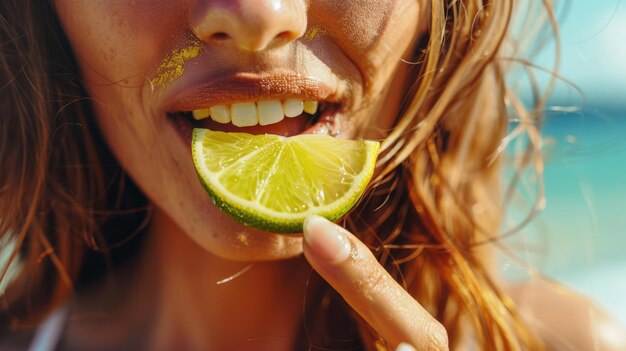 Photo the woman smiles as she eats the lime happy with the tangy fruit aig