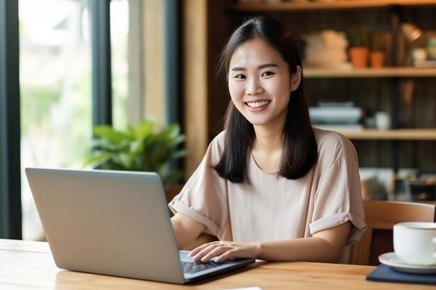 a woman smiles as she sits at a table with a laptop