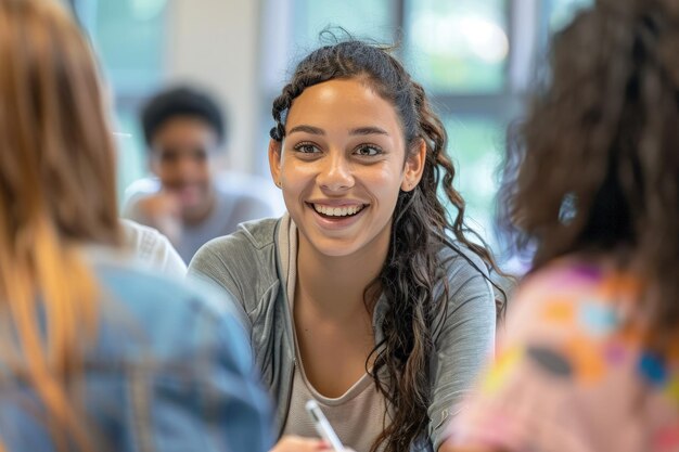 A woman smiles as she sits at a table with other people