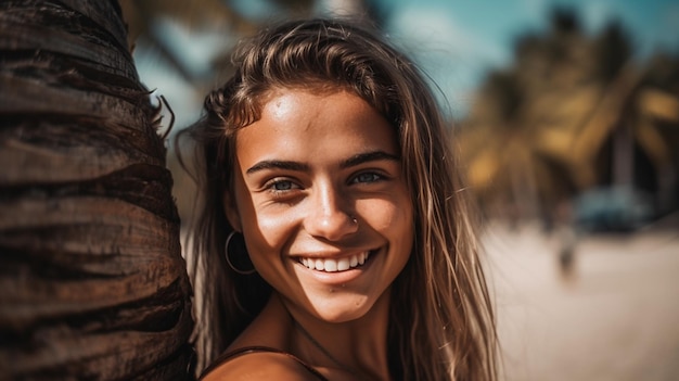 A woman smiles for the camera on a beach